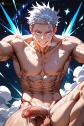 1boy abs ai_generated armpit_hair armpits bara blue_eyes completely_nude erection goldenfieldszho jujutsu_kaisen large_pectorals looking_at_viewer male_focus male_only male_pubic_hair muscular muscular_male navel nipples nude pectorals penis pubic_hair satoru_gojo short_hair sky smile solo sweat testicles thick_thighs thighs white_hair