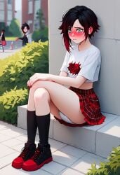 abdl ai_generated blush crossed_legs diaper diaper_fetish frightened midriff pleated_skirt public public_park rocksoreggie ruby_rose rwby scared sitting tagme upskirt