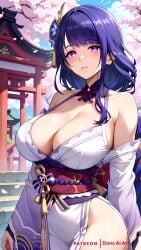 1girls ai_generated big_breasts blush dans_ai female genshin_impact highres huge_breasts looking_back purple_hair raiden_shogun solo