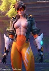 1girls ai_generated breast brown_eyes brown_hair casual_nudity detailed exposed_breasts female glasses lena_oxton light-skinned_female light_skin medium_breasts nectarlab nipples nsfw overwatch realistic short_hair smile tinted_eyewear topless tracer