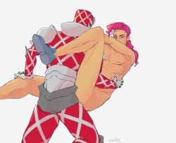 2boys evilv2 implied_penetration implied_sex jojo's_bizarre_adventure king_crimson long_hair male/male male_only missionary_position nude_male pink_hair shounen_jump smile stand_(jjba) standcest tagme twink vento_aureo vinegar_doppio