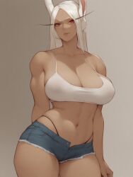 1girls ai_generated big_breasts boku_no_hero_academia breasts cleavage female female_only hi_res jean_shorts long_hair miruko my_hero_academia navel nipple_bulge red_eyes rumi_usagiyama simple_background solo solo_female white_hair zzipper