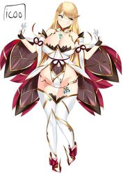 alternate_costume ass_visible_through_thighs bangs blonde_hair blush breasts colored core_crystal cosplay crystal embarrassed exposed_shoulders female gloves heels icoo large_breasts leggings long_hair mythra navel nia nia_(cosplay) nintendo swept_bangs thick_thighs thighs xenoblade_(series) xenoblade_chronicles_2 yellow_eyes