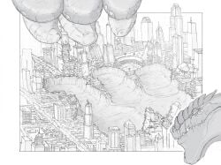 city crushing destruction drawing footprint godzilla imprint male ristiko4 ritsiko ritsiko_(macro_artist) rytsuko rytsuko_(macro_artist)