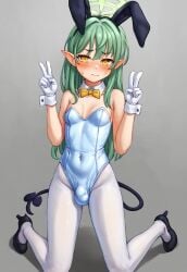 ai_generated blue_archive bulge bulge_through_clothing detached_collar detached_sleeves double_v fake_rabbit_ears futanari hikari_(blue_archive) jouthechou nervous playboy_bunny tail