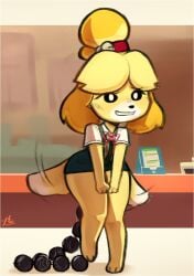 anal anal_beads anal_beads_in_ass anal_sex animal_crossing anthro awkward_smile canid canine canis clothed clothing domestic_dog female hi_res isabelle_(animal_crossing) mammal nintendo object_in_ass penetration sex_toy sex_toy_in_ass sex_toy_insertion solo tail tail_motion tailwag tofuuu worried