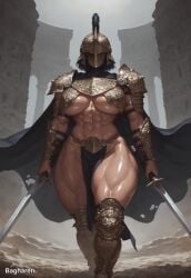 abs armor armored_boots bracers breastplate cape covered_eyes gold_(metal) helmet holding loincloth muscular_female muscular_thighs navel shiny_skin short_hair shoulder_armor standing sword thick_thighs underboob visor walking weapon