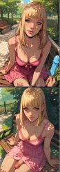 1futa 1girls ai_generated blonde_hair civitai cleavage dickgirl dress futanari hime_cut looking_at_viewer original park penis popsicle pov revenge623 self_upload sitting solo