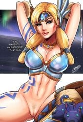 1girls abs arms_behind_head athletic athletic_female big_breasts blonde_hair bottomless cerberus_(smite) deity dialogue european_mythology female female_only freya_(smite) goddess greek_mythology hi-rez_studios light-skinned_female light_skin looking_at_viewer mythology norse_mythology pinup public_domain pussy smite solo sparkietheartist spread_legs thick_thighs