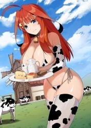 ass blue_eyes blush cleavage cow_ears cow_girl cow_horns cow_print cow_print_armwear cow_print_bikini cow_print_legwear cow_print_panties cow_print_stockings cow_print_thighhighs cowbell female_only go-toubun_no_hanayome hair_between_eyes huge_breasts kosmos_beta large_ass long_hair nakano_itsuki red_hair solo_focus star_(symbol) uncensored underwear