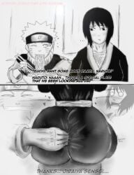 1boy 1girl big_ass blushed dialogue eating fingers fingers_in_ass fisting gigantic_ass grabbing_from_behind happy limpbizkit looking_at_another monochrome naruto naruto_(classic) ramen shizune small_breasts surprised uzumaki_naruto