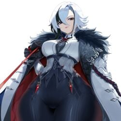 ai_generated arlecchino_(genshin_impact) clothed coat female_domination genshin_impact jaygoats leash leash_pull looking_down seductive seductive_eyes smile thick_thighs