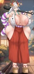 1girls big_breasts big_nipples cleavage clothing curvy curvy_figure female female_only gigantic_breasts hakama horns large_areolae large_breasts large_butt long_ponytail looking_at_viewer multicolored_hair nipples_visible_through_clothing one_piece sandals solo solo_focus thick_lips thick_thighs two_tone_hair ultiblackfire voluptuous white_hair wide_hips yamato_(one_piece)