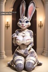 ai_generated bandage bandages big_breasts bimbo breasts bunny bunny_ears bunny_girl cleavage cleavage_cutout female furry giant_breasts gigantic_breasts halloween hyper_breasts judy_hopps large_breasts mummy mummy_costume rabbit seductive smiling wedding_dress wedding_veil zootopia zootopia_2