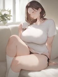 1girls ai_generated big_breasts breasts brown_hair closed_eyes female female_only hi_res holding holding_object long_hair mature mature_female mature_woman milf original shirt solo solo_female thighs white_shirt wide_hips zzipper