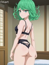 1girls ai_generated ass ass_focus breasts faiart female green_eyes green_hair lingerie long_hair looking_at_viewer looking_back one-punch_man solo tatsumaki unique_hair