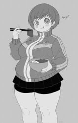 1girl 1girls 2025 2d 2d_(artwork) 2d_artwork ? atlus beef big_breasts big_thighs breasts champchidi chie_satonaka chubby chubby_female confusion curvaceous curvy curvy_figure eating eating_food eggs greyscale huge_thighs large_thighs looking_at_viewer persona persona_4 persona_4_the_golden pupils ramen satonaka_chie short_hair solo solo_female spats sweater text thick_thighs thighs