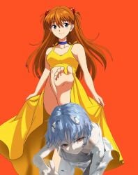 2girls asuka_langley_sohryu barefoot blue_eyes blue_hair feet femdom foot_fetish happy happy_dom long_hair neon_genesis_evangelion orange_hair red_eyes red_hair rei_ayanami sad_sub short_hair smile smiling smiling_at_viewer soles stepped_on sundress toes tsundere yellow_dress