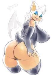 absurd_res anthro ass big_breasts big_butt breasts chiropteran clothed clothing dovecake female hi_res legwear looking_back mammal nipple_outline rouge_the_bat sega solo sonic_(series) sonic_the_hedgehog_(series) thick_thighs thigh_highs