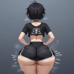 ai_generated ass_focus crop_top emo gym_shorts huge_ass miniskirt short_hair wide_hips