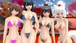 2024 3d_(artwork) 4girls autumn_leaves bikini black_bikini blue_bikini blue_eyes blush clouds double_spoiler hand_on_arm hand_on_shoulder hand_on_waist hatate_himekaidou hati_yukkuri_mmd headwear holding_each_other iizunamaru_megumu kemonomimi light-skinned_female looking_at_viewer mmd momiji_inubashiri morning mountain_of_faith orange_bikini outside pink_bikini pink_eyes pointy_ears red_eyes shameimaru_aya sky smiling_at_viewer swimsuit tengu tokin_hat touhou unconnected_marketeers white_tail white_wolf wolf_tail