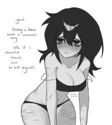 absurdres bikini black_bikini black_eyes black_hair breasts cuts english_text greyscale highres imminent_self-harm imminent_suicide injury medium_breasts monochrome original scar scar_on_arm scar_on_leg self-harm self-harm_scar simple_background swimsuit wrist_cutting yaebiyaebi