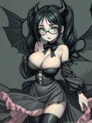 1girls ai_generated big_breasts black_dress black_hair black_thigh_socks female green_eyes hentaigenerator.com horn horns long_hair pixel_art wings