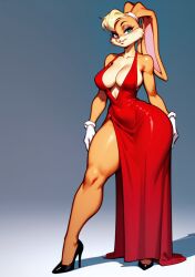 ai_generated black_shoes blue_eyes cleavage eogard_orc high_heels lola_bunny open_dress rabbit rabbit_ears rabbit_girl rabbit_humanoid red_dress self_upload stable_diffusion standing teasing thick_thighs white_gloves