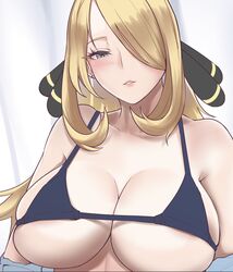 1girls big_breasts blonde_female blush bra breasts cynthia_(pokemon) female female_only large_breasts looking_at_viewer pokemon pokemon_dppt solo tinnies