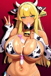 1girls ai_generated bimbo blonde_hair condom_in_mouth cow_ears cow_horns cow_print cow_print_bikini cowbell cum cum_on_breasts dark-skinned_male huge_breasts noirprincess peace_sign princess_anastasia used_condom