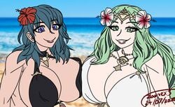 2girls accessory alternate_costume beach bikini black_bikini black_swimsuit blue_eyes blue_hair byleth_(fire_emblem) byleth_(fire_emblem)_(female) byleth_(summer)_(fire_emblem)_(female) cleavage female_only fire_emblem fire_emblem:_three_houses fire_emblem_heroes flower green_eyes green_hair hair_flower hibiscus huge_breasts long_hair looking_at_viewer medium_hair mind_control multiple_girls nintendo official_alternate_costume red_flower rhea_(fire_emblem) rhea_(summer)_(fire_emblem) smile summer swimsuit teal_hair white_bikini white_swimsuit zarvex3