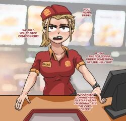 angry big_boobs big_breasts big_tits blonde_hair braces brown_eyes english_text eyebrow_piercing fast_food fast_food_employee fast_food_restaurant fast_food_uniform jackie_(rattminded) looking_at_viewer original_character ponytail rattminded text