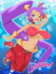 1girls armpits arms_up belly big_breasts breasts cleavage dark-skinned_female dark_skin erect_nipples_under_clothes feet female female_only highres huge_ass huge_breasts large_breasts looking_at_viewer midriff navel nipple_bulge ribs shantae shantae_(character) shoes smooth_skin solo thick_thighs thin_waist underboob wide_hips zootan