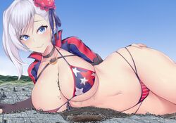 anybrody bikini blue_eyes city cleavage crater destruction edit fate_(series) giantess giga_giantess huge_breasts jacket kuavera laying_on_side macro miyamoto_musashi_(fate) smiling thick_thighs third-party_edit white_hair