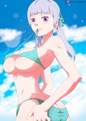 1girls ass bikini bikini_bottom bikini_in_mouth bikini_top biting_clothes black_clover blue_bikini blue_bikini_bottom blue_bikini_top blush breasts female female_only genjo hair_ribbons hourglass_figure large_breasts long_hair looking_at_viewer nipple_bulge nipples noelle_silva pose purple_eyes silver_hair smile solo solo_female teenager teeth tied_hair twintails underboob watermark