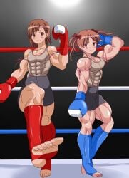 2girls alternate_muscle_size asymmetrical_bangs asymmetrical_hair bangs bare_shoulders biceps big_muscles blue_boxing_gloves blue_footwear blue_legwear blush bow boxing_gloves boxing_ring breasts brown_eyes brown_hair closed_mouth commentary covered_abs covered_navel covered_nipples feet female female_only footwear full_body glow_(g10w) grey_background grey_shorts grey_tank_top hairbow hand_up headband height_difference human human_only kickboxing kickboxing_socks legwear long_hair looking_at_viewer medium_bangs medium_hair misaka_mikoto multiple_females multiple_girls muscle muscle_girl muscles muscular muscular_arms muscular_female muscular_legs muscular_thighs nipples_visible_through_clothing pink_headband pink_ribbon red_bow red_boxing_gloves red_footwear red_legwear ribbon ribbons shiny_skin shirai_kuroko short_shorts skin_tight small_breasts smile standing standing_on_one_leg tank_top teenage_girl teenager to_aru_kagaku_no_railgun to_aru_majutsu_no_index toaru_kagaku_no_railgun toaru_majutsu_no_index toes twintails v-shaped_eyebrows