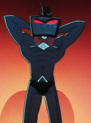 1boy abs ai_generated arms_behind_head bara barazoku black_speedo bowtie demon demon_boy demon_humanoid hazbin_hotel humanoid muscular muscular_male object_head red_sclera speedo tv_head vox_(hazbin_hotel)