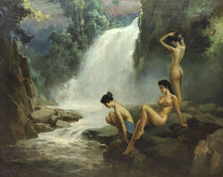 1960s 1969 20th_century 3girls 60s ass basuki_abdullah black_hair breasts female female_only harem harem_girl large_breasts medium_breasts multiple_girls nature nipples nude nude_female original original_character outside river straight_hair vintage waterfall