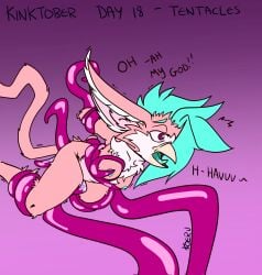 ambiguous_fluids anthro avian beak_open bound female fur gryphon hair hi_res kinktober kinktober_2024 koeru koeru_(koeru) lifted_up mohawk mythological_avian mythological_creature mythology penetration pink_body pink_fur purple_eyes solo teal_hair tentacle tongue