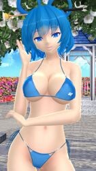 1girls 2024 3d belly_button bikini blue_bikini blue_eyes blue_hair_female flower_field hairpin hati_yukkuri_mmd human light-skinned_female looking_at_viewer mmd outside seiga_kaku smiling_at_viewer solo_female solo_focus swimsuit ten_desires touhou white_flower