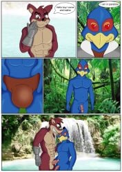 2boys activision anthro anthro_only avian balls blue_body blue_feathers bulge ciel-wolf clothed clothing comic crash_(series) crossover crunch_bandicoot english_text falco_lombardi feathers forest fur furry furry_male genitals green_eyes humanoid_genitalia humanoid_penis interspecies jungle male male/male male_only muscular muscular_anthro muscular_male nintendo nude penis pink_penis plant red_body red_fur star_fox text tree underwear video_games water waterfall