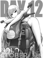 1girls bare_hips bare_legs black_and_white convenient_censoring female grayscale holoctober hololive hololive_indonesia kaela_kovalskia landacdeus looking_at_viewer mostly_nude motorcycle naked nude smile smiling solo virtual_youtuber vtuber