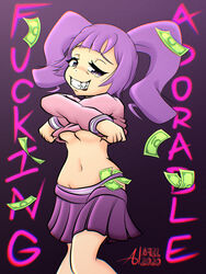 lifting_shirt looking_at_viewer money_under_clothes no_bra otachan otakuvs panties panties_down purple_eyes purple_hair shirt_lift shirt_up skirt smirking the_otachan_show twintails underboob