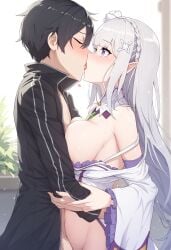 ai_generated big_breasts elf elf_ears elf_female elf_girl emilia_(re:zero) female flower_in_hair flower_ornament hair_ornament half-elf light-skinned_female light_skin long_hair male male/female pointy_ears princess purple_eyes re:zero_kara_hajimeru_isekai_seikatsu royal_slut royalty silver_hair sword_art_online very_long_hair white_hair