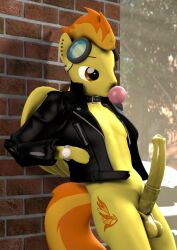 3d_(artwork) abs alternative_fashion animal_genitalia animal_penis anthro aviator_goggles balls bottomless brick_wall bubble_gum building car casual_erection casual_nudity clock clothed clothing collar digital_media_(artwork) ear_piercing equid equine equine_genitalia equine_penis erection friendship_is_magic ftm_crossgender genitals greaser hand_in_pocket hasbro hi_res jacket leaning_on_wall leather leather_clothing leather_jacket leather_topwear male male_only mammal my_little_pony mythological_creature mythological_equine mythology navel open_clothing open_topwear pegasus penis piercing plant pockets rainium rule_63 solo source_filmmaker_(artwork) spitfire_(mlp) topwear tree vehicle wall_(structure) watch wings wonderbolts_(mlp)