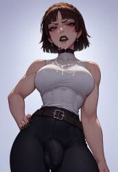 1futa ai_generated belt black_clothinghuge_breasts black_lipstick breasts brown_hair bulge bulge_through_clothing collar cum_on_body cum_on_breasts cum_on_face dickgirl disgusted earrings futanari hands_on_hips huge_cock jeans looking_at_viewer looking_do makeup makoto_niijima penis persona persona_5 persona_5_royal red_eyes short_hair taker_pov tank_top velonix