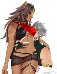 1boy 1boy1girl 1girls alhaitham_(genshin_impact) arm_around_partner dehya_(genshin_impact) female genshin_impact grey_hair hand_on_stomach hand_on_waist long_hair looking_at_partner male male/female nipples_visible_through_clothing red_lipstick red_panties revealing_clothes see-through_clothing sensual straight tanned_female thick thick_thighs thighs