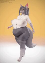 1girls 3d alternate_version_available animated anthro belly black_hair blue_eyes breasts canine canine_humanoid chubby chubby_female fat female female_focus female_only furry glasses grey_body grey_fur hilwu hips iii_oridas_iii large_breasts nipple_bulge nipples_visible_through_clothing polo_shirt see-through_clothing skirt skirt_around_belly stomach thick_thighs thighs walk_cycle walking