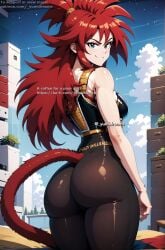 _yumidreams ai_generated ass_focus athletic_female back_view big_ass black_eyes black_pants buildings clouds dragon_ball dragon_ball_z female_focus female_only from_back from_behind light_skin long_hair looking_back monkey_tail outdoors red_hair saiyan saiyan_armor saiyan_girl saiyan_tail sky smirk tagme thick_thighs