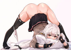 absurdres arm_rest ass asymmetrical_legwear black_gloves black_legwear black_skirt brown_jacket female female fingerless_gloves flexible girls'_frontline gloves grey_hair hands_on_ground highres jack-o_pose jacket long_hair low_twintails miniskirt muteppona_hito object_hug panties panties_around_leg pillow pillow_hug pleated_skirt single_thighhigh skirt solo spread_legs svd_(girls'_frontline) thighhighs top-down_bottom-up twintails underwear uneven_legwear very_long_hair white_panties wide_spread_legs yellow_eyes